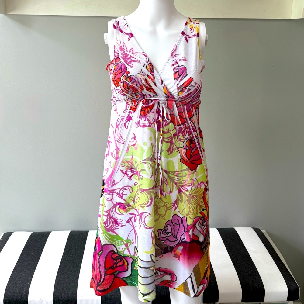 Tattoo Tattoo White A-Line Mini Sundress w/Pink & Green Graphics Empire Waist-S
